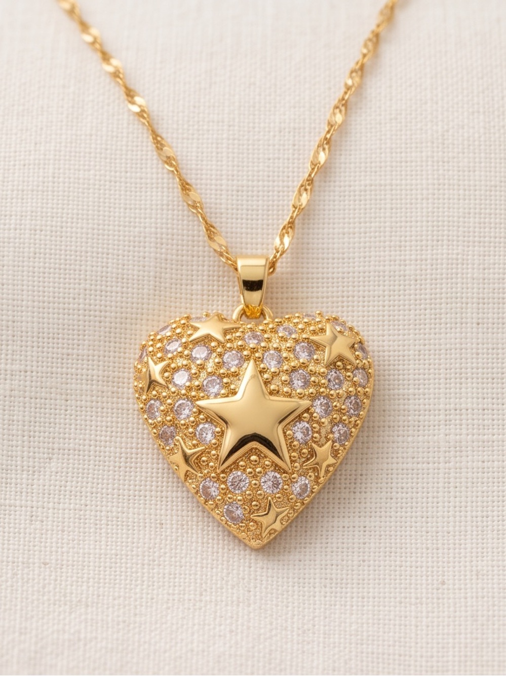Gold Heart Pendant Necklace with Star Pavé Accents - Gold Adjustable 16-18 inch